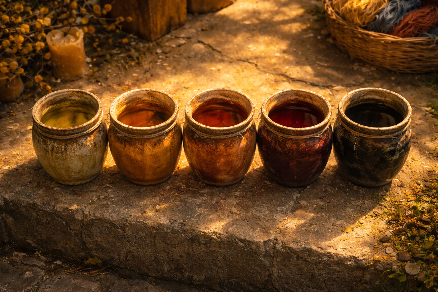 Colorful dye jars on a spring morning workshop table — colors applied light to dark, irreversible